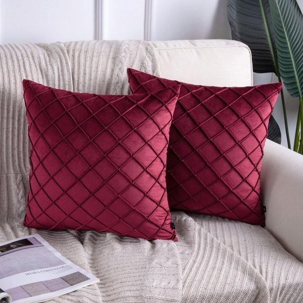 PACK OF 2  MAROON VELVET CROSS PLEATED CUSHION COVER