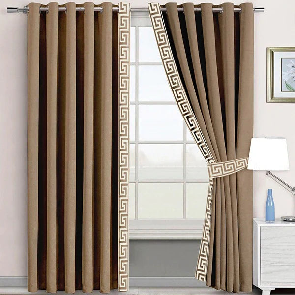 2 Pc's Luxury Embroidered Velvet Greek Border Curtains Camel/White
