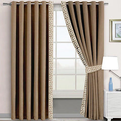 2 Pc's Luxury Embroidered Velvet Greek Border Curtains Camel/White