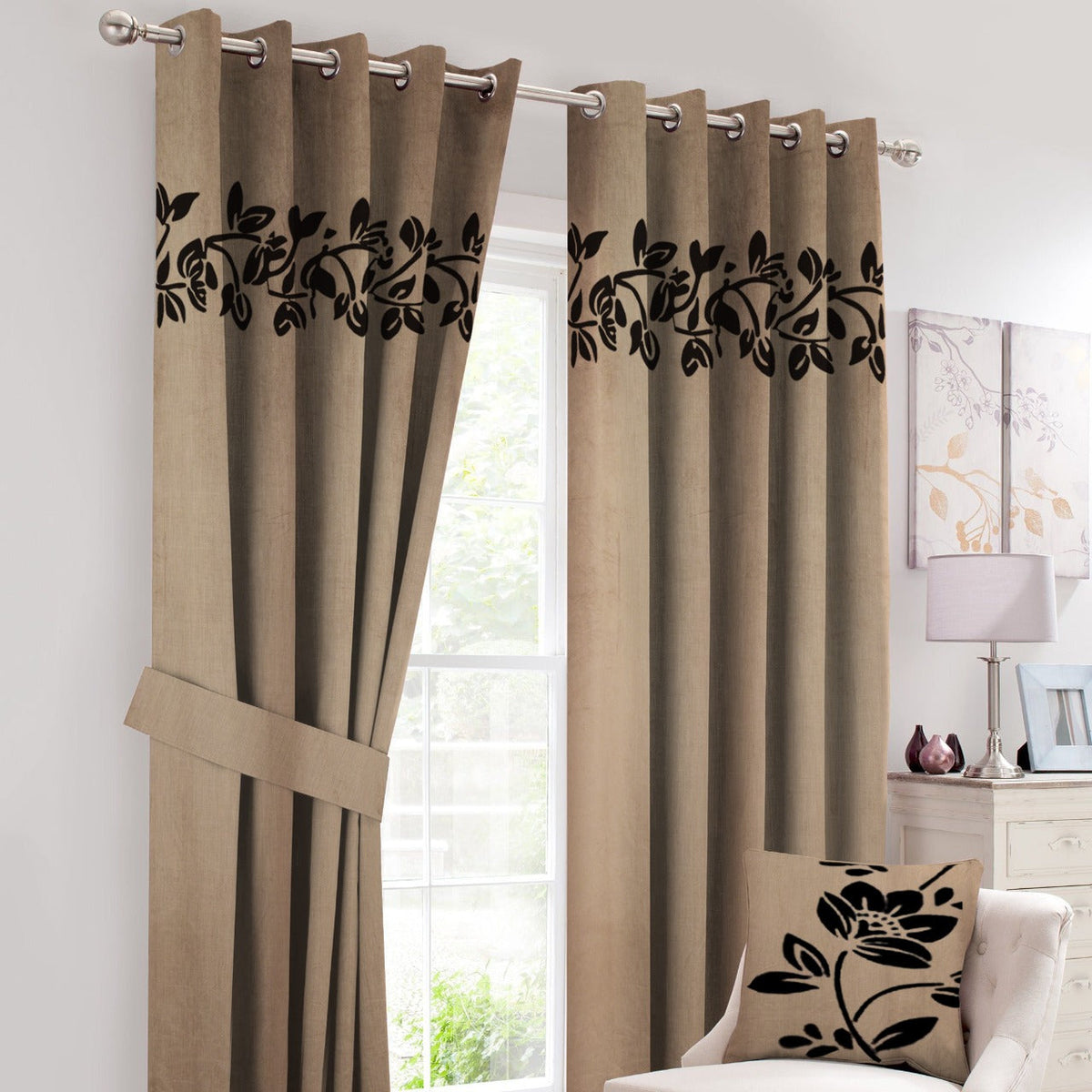 2 Pcs Velvet Floral Embroidered Curtains camel