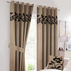 2 Pcs Velvet Floral Embroidered Curtains camel