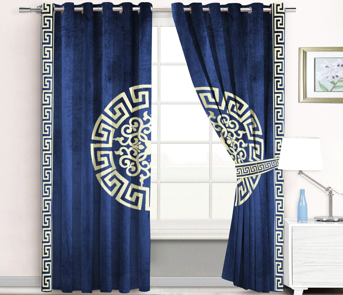 2 Pc's Luxury Motive Embroidered Velvet Greek Border Curtains Navy/White