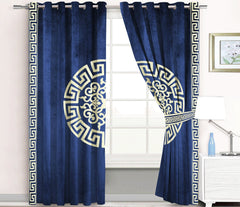 2 Pc's Luxury Motive Embroidered Velvet Greek Border Curtains Navy/White