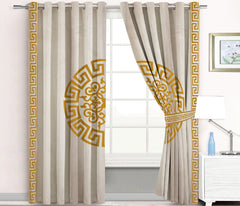 2 Pc's Luxury Motive Embroidered Velvet Greek Border Curtains Cream/Gold