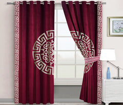 2 Pc's Luxury Motive Embroidered Velvet Greek Border Curtains Maroon/White