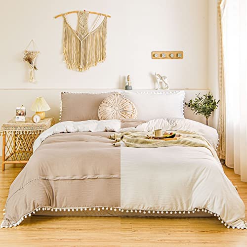 6 pieces Reversible pom pom duvet set Beige/Cream