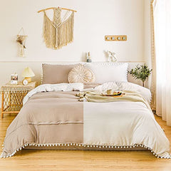 6 pieces Reversible pom pom duvet set Beige/Cream