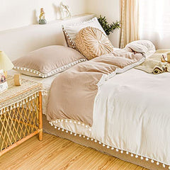6 pieces Reversible pom pom duvet set Beige/Cream