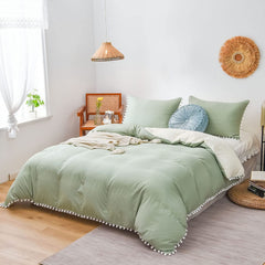 6 pieces Reversible pom pom duvet set Green/Cream