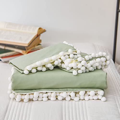 6 pieces Reversible pom pom duvet set Green/Cream