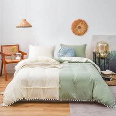 6 pieces Reversible pom pom duvet set Green/Cream