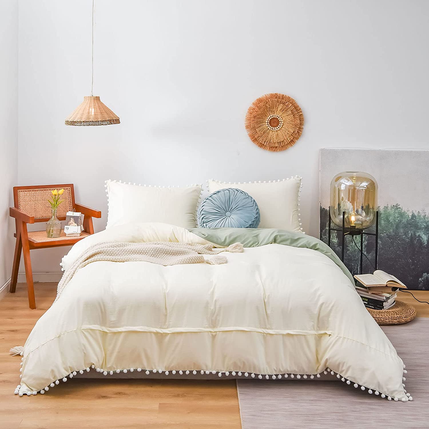 6 pieces Reversible pom pom duvet set Green/Cream