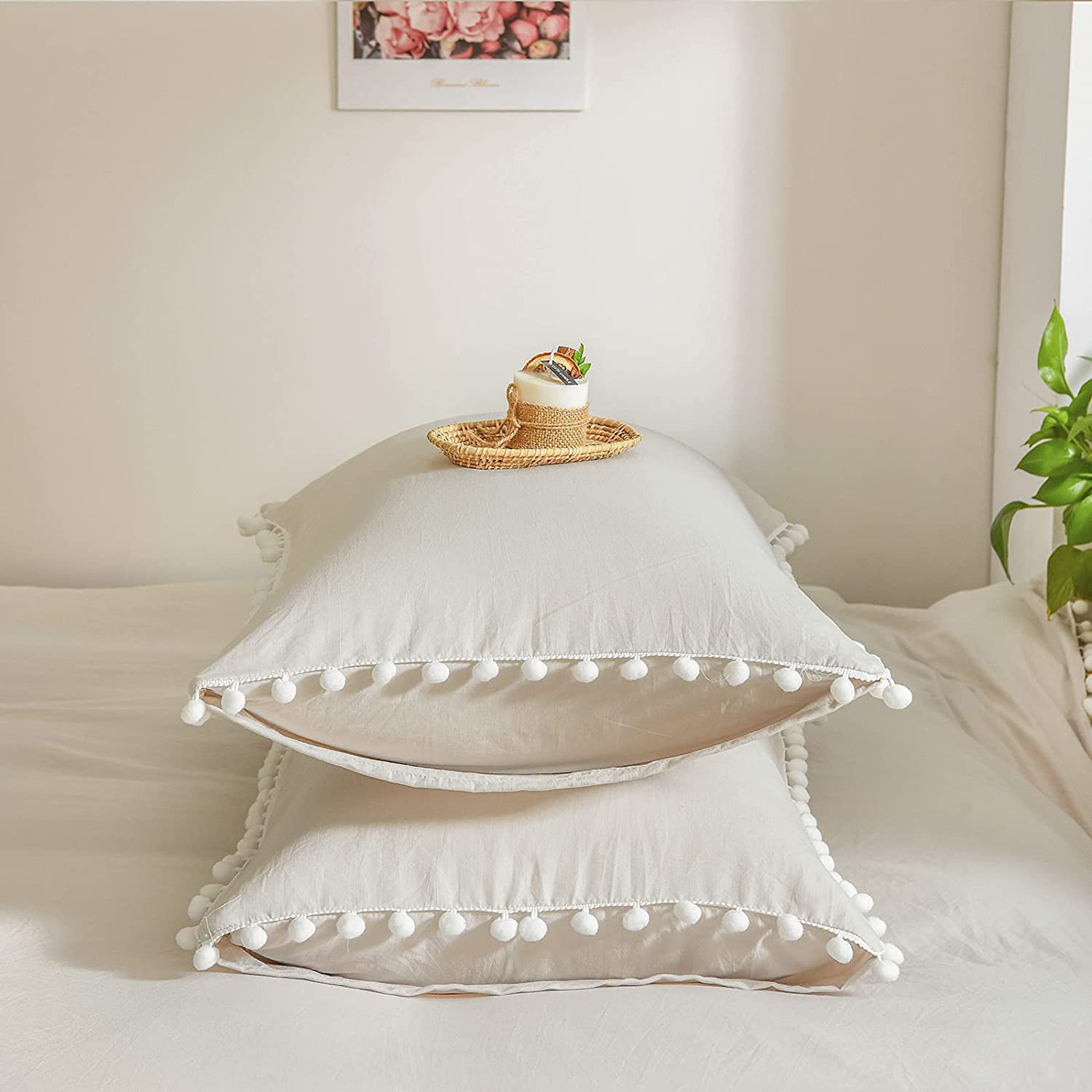 6 pieces pom pom duvet set Cream