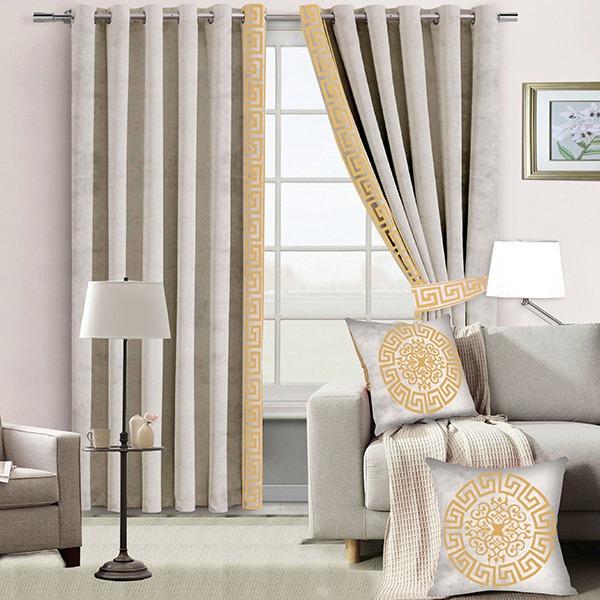 2 Pieces Luxury Velvet Curtain Panels 2 Cushion Covers and 2 Belts Cream