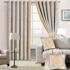 2 Pieces Luxury Velvet Curtain Panels 2 Cushion Covers and 2 Belts Cream