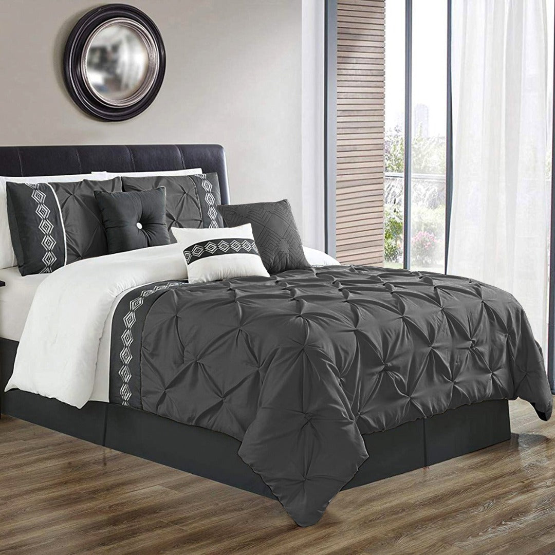 Embroidered Pintuck Duvet 8 pieces Dark Grey