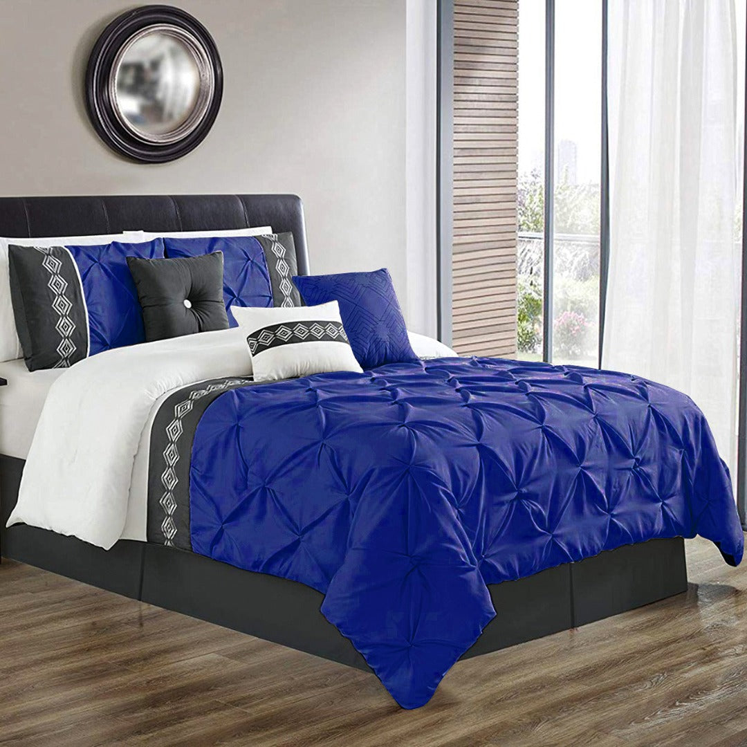 Embroidered Pintuck Duvet 8 pieces Royal Blue