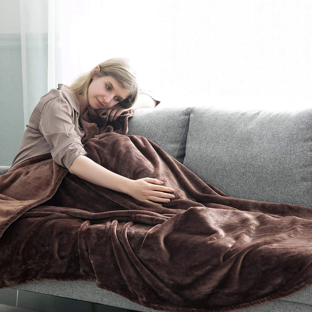 FLUFFY MINK FLEECE THROW BLANKET-Chocolate Brown