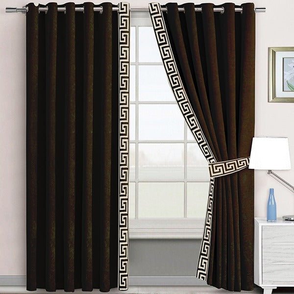 2 Pc's Luxury Embroidered Velvet Greek Border Curtains Brown/White