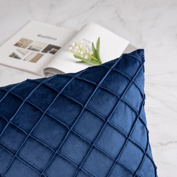 PACK OF 2 BLUE VELVET CROSS PLEATED CUSHION COVER