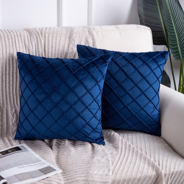 PACK OF 2 BLUE VELVET CROSS PLEATED CUSHION COVER
