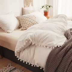 6 Pcs White Duvet Cover With Pom Pom