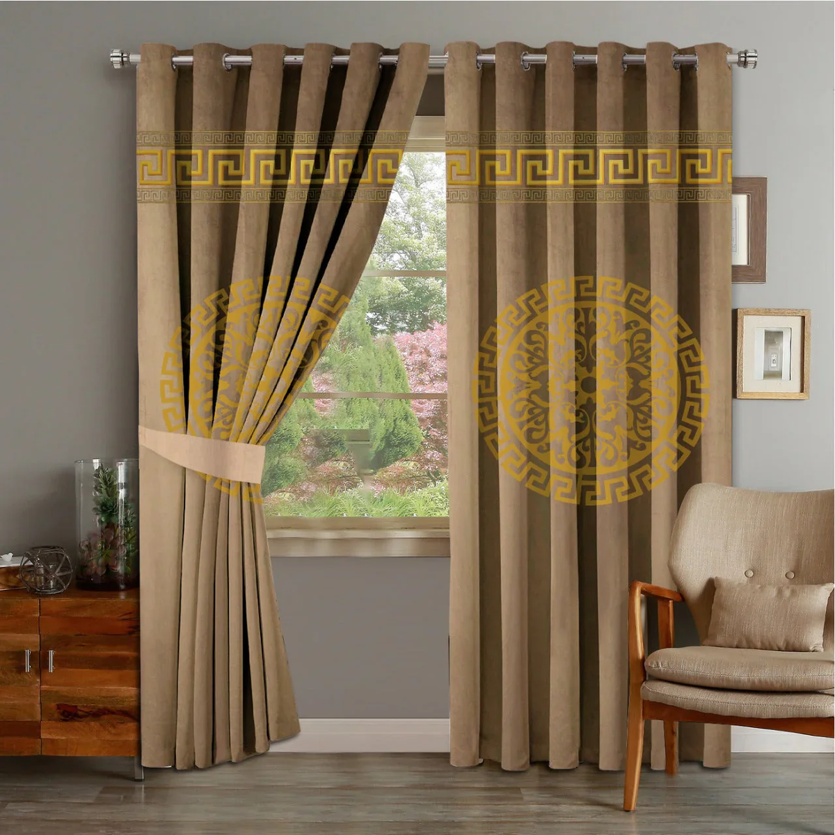 2 PIECE OF PREMIUM VELVET CURTAINS WITH 2 BELTS (Cream & GOLD)