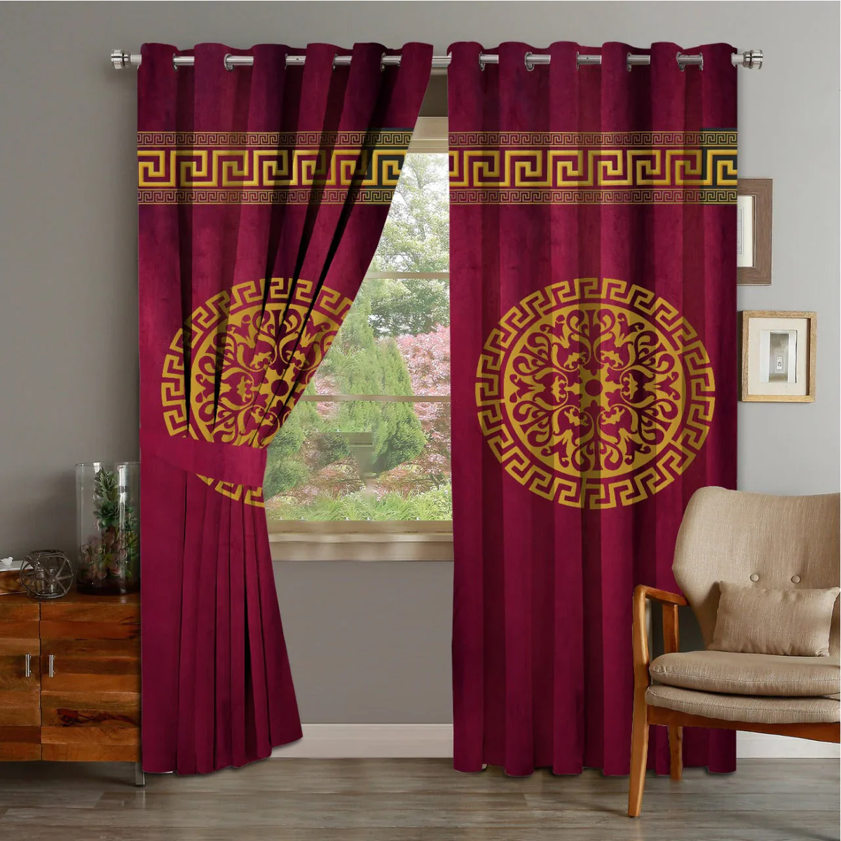 2 PIECE OF PREMIUM VELVET CURTAINS WITH 2 BELTS (Maroon & GOLD)