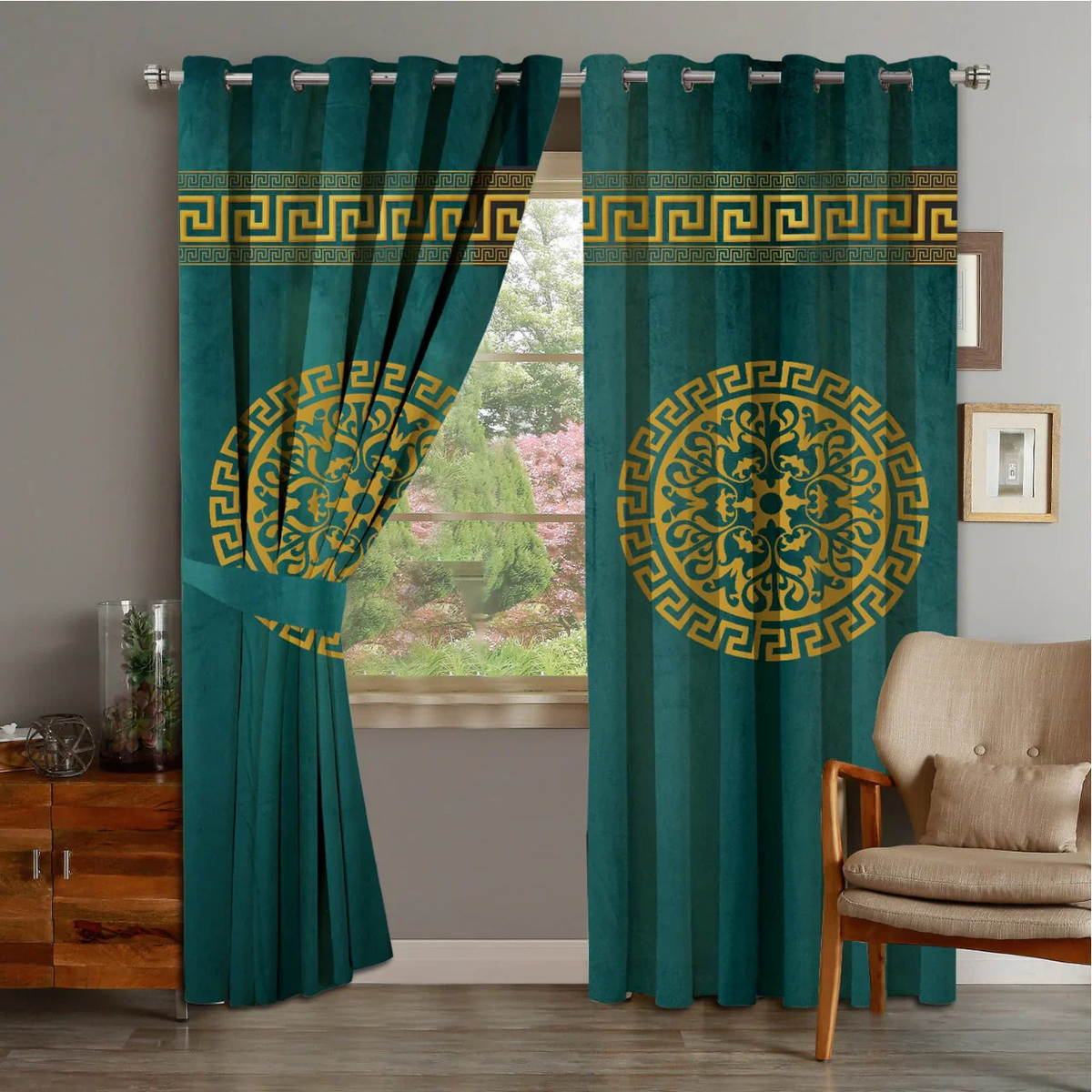 2 PIECE OF PREMIUM VELVET CURTAINS WITH 2 BELTS (Green & GOLD)