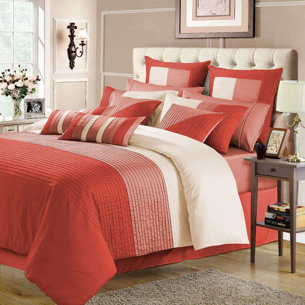 Luxury Horizontal Pleats Duvet Set - Coral And Peach -8 Pcs king size
