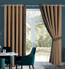 2 Pc's Luxury Embroidered Velvet Greek Border Curtains Camel/Black