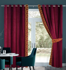 2 Pc's Luxury Embroidered Velvet Greek Border Curtains Maroon/Gold