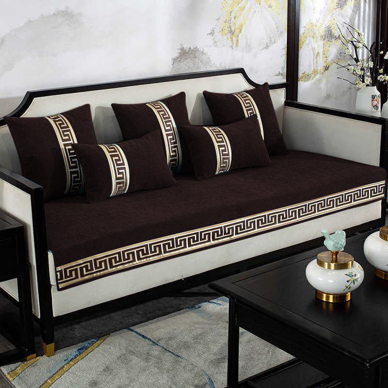 Sofa Cover Velvet Embroidered & Cushion Covers Brown