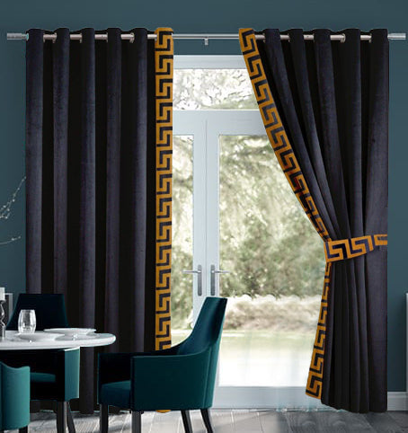 2 Pc's Luxury Embroidered Velvet Greek Border Curtains Black/Gold