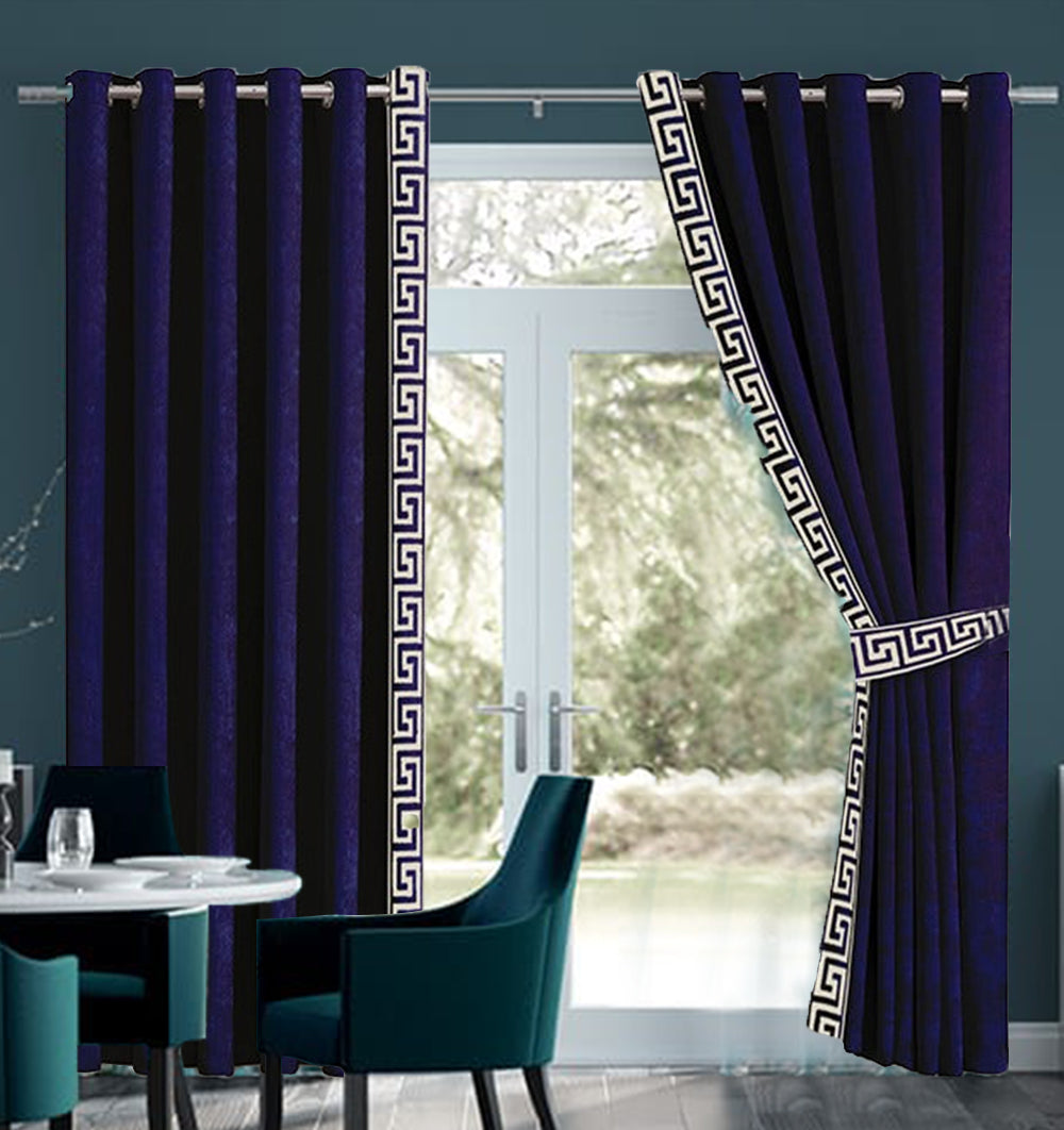 2 Pc's Luxury Embroidered Velvet Greek Border Curtains Navy Blue/White