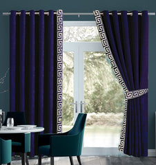 2 Pc's Luxury Embroidered Velvet Greek Border Curtains Navy Blue/White
